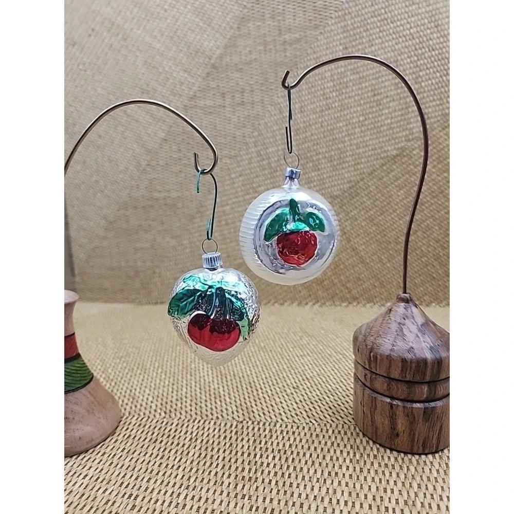 2‎ Vintage Blown Glass Strawberry Cherry Berry Christmas Tree Ornaments Silver